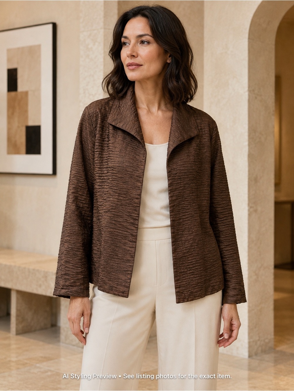 Anne Carson Women’s M Brown Textured Silk Blend Open Front Jacket